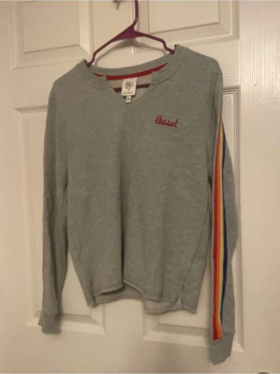 Self Esteem Sweaters - Self Esteem Light Gray Crewneck Sweater with Rainbow Sleeve Stripe